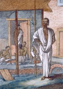 Pénzváltó a boltjában, a hivatalnok jegyzi a tranzakciókat és egy kisállat kakast, "A hinduk, avagy viselkedésük, jelmezeik és szertartásaik leírása", 1808-1212 (színes rézkarc) alkotó: Franz Balthazar Solvyns