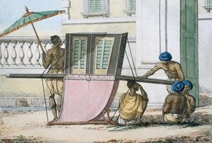 Gyaloghintóülés, a "The Manners, Customs and Dresses of The Hindus" című műből, 1799 (színes metszet)