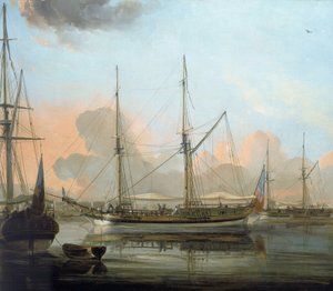 A bangladesi Chittagongból érkező "Charlotte" hajó és más hajók a Hugli folyóban (India), Kalkuttában horgonyoznak. Olaj, vászon alkotó: Franz Balthazar Solvyns