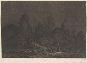 Holdfényes jelenet alakokkal egy kunyhó előtt XII Vues de la Normandie (sorozat címe)