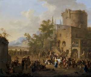 Egy olasz városkép a Saltarellot táncoló figurákkal