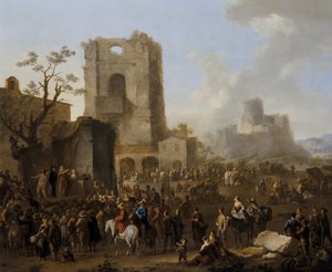 An Italian City View With Figures Dancing The Saltarello