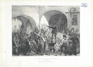 A barikád a k. k. egyetem 26. szám alatt. május 1848 (litográfia) alkotó: Franz Gerasch