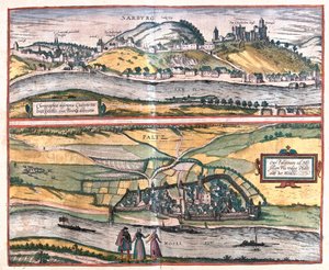 Saarburg városának és Pfaltz an der Mosel városának pontos áttekintése Németországban (metszet alkotó: Franz Hogenberg