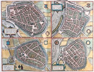 Arnhem és Venlo, Hollandia - Geldern, Németország és Ruermonde, Hollandia (metszet alkotó: Franz Hogenberg