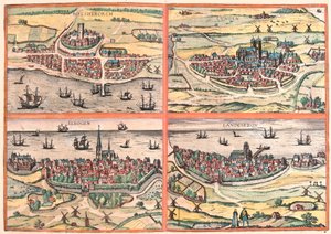 Helsingborg, Lunden, Malmö és Landskrona (Svédország) (metszet alkotó: Franz Hogenberg