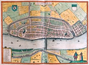 Kampen és az IJssel folyó vagy Yssel, Hollandia (metszet alkotó: Franz Hogenberg
