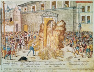 Vallásháború: Anne du Bourg francia protestáns magisztrátus (1521-1559) kivégzése 1559.12.23-án a párizsi Place de Greve-n” alkotó: Franz Hogenberg