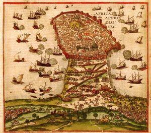 Az oszmán korzár Khayr al-Din Barbarossa V. Károly hadserege ellen, Franz Hogenberg alkotó: Franz Hogenberg