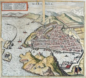 Marseille látképe a 16. században, balra lent a leprások kórháza, Georg Braun "Le Théâtre du Monde" című művéből, 1599. alkotó: Franz Hogenberg