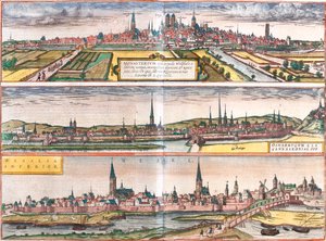 Kilátás Munsterre (Monasterium), Osnabruckra (Osnabrugum) és Weselre (Weselia), Németország (rézkarc) alkotó: Franz Hogenberg