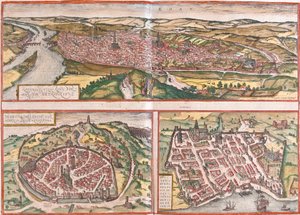 Rouen (Rotomagus), Nimes (Nemausus) és Bordeaux (Burdigala) kilátása, Franciaország (rézkarc) alkotó: Franz Hogenberg