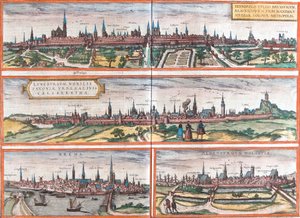 Brunswick (Brusvicum), Lüneburg (Loneburgum), Breme (Brema) és Oldenburg (Aldenburgum), Németország (rézkarc) kilátásai alkotó: Franz Hogenberg