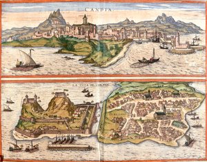 Kilátás Candia (Candia), jelenlegi Heraklion Kréta és Korfu szigetén vagy Corcyra (Corphu), görög szigetére (rézkarc) alkotó: Franz Hogenberg