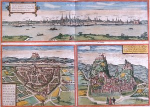 Mainz (Moguntia), Würzburg (Németország) és Sion (Sedunum) kilátásai Svájcban (rézkarc alkotó: Franz Hogenberg