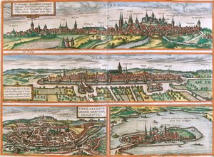 Nürnberg (Nurnberga), Ulm (Ulma), Lindau (Lindola), Németország és Salzburg (Salisburgensis) kilátásai Ausztriában (rézkarc alkotó: Franz Hogenberg