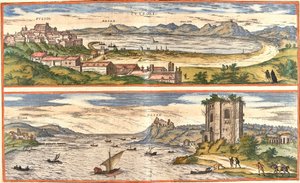 Kilátás Pozzolira (Puteoli) és öblökre (Baiae) (a mai Baia), Olaszországban, a Nápolyi-öböl termálfürdőinek ősi maradványaival és egy erőddel (rézkarc) alkotó: Franz Hogenberg