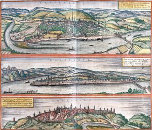 Treves (Treveris), Koblenz (Coboletz) és Rothenburg (Rotenburgum) kilátása, Németország (rézkarc) alkotó: Franz Hogenberg