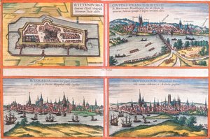 Wittenburg (Wittenburga), Frankfurt (Francfordiensis), Wismar (Wismaria) és Rostock (Rostochium), Németország (rézkarc) kilátásai alkotó: Franz Hogenberg