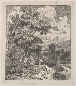 3. tábla: egy pásztor ül egy dombon, egy tehén és két bárány balra, és egy város Ri..., kb. 1700-25.
