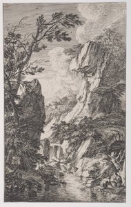 4. tábla: két halász a patak partján jobbra, vízesés középen, innen..., kb. 1700-25.