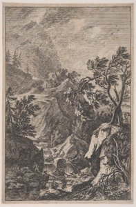 6. tábla: jobbra két férfialak egy sziklán, középen egy vízesés..., kb. 1700-25.
