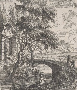 7. tábla: jobbra két alak, egy kőhídon átkelni készül, egy halász a for..., kb. 1700-25.