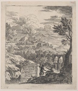 Két pásztor pihen egy talapzat mellett, jobbra a háttérben egy vízvezeték, egy..., kb. 1700-25.