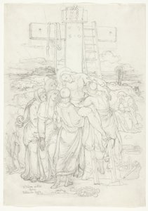 Leszállás a keresztről Jeruzsálem sziluettjével a háttérben alkotó: Franz Johann Heinrich Nadorp