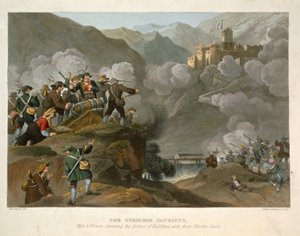 A tiroli hazafiak, akik faágyúikkal megrohamozzák Kuffstein erődjét, John Heaviside Clark (1771-1863 körül) és Matthew Dubourg (1813-20) metszetei a Történelmi, katonai és haditengerészeti anekdából