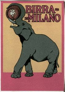 Franz Laskoff (1869-1921) által illusztrált Milano sör reklámplakátja, amely egy elefántot ábrázol, aki törzsével közvetlenül a hordóból iszik. 20. század