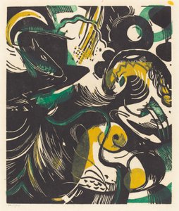 Genesis II (Schopfungsgeschichte II), 1914 (sárga, fekete és zöld fametszet) alkotó: Franz Marc