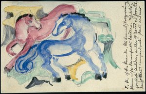 "Vörös és kék ló", Franz Marc Sindelsdorfból Wassily Kandinskyig Münchenben: képeslap, 1913. április 5-i bélyegző alkotó: Franz Marc