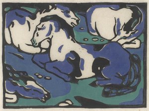 Ruhende Pferde (Pihenő lovak), 1911-1912, nyomtatva 1916 (fekete, kék és zöld fametszettel, japán papírra) alkotó: Franz Marc