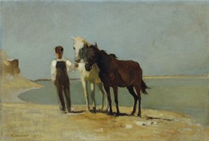 Egy fiú lovakkal a tengerparton alkotó: Franz Rumpler