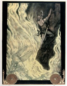 Siegfried és Locke, Richard Wagner (1813-83) „A niebelungok gyűrűjének” illusztrációja, 1914 előtt (színes litó)