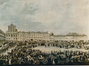 Ludwig van Beethoven gyászmenete 1827-ben a Schwarzspanierhausból a bécsi Alsergasse-i Szentháromság-templomhoz (akvarell) alkotó: Franz Stober