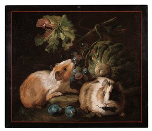 Római mikromozaik tábla két tengerimalacot ábrázol, amint káposztát és szőlőt eszik, 1800-25 alkotó: Franz Werner von Tamm