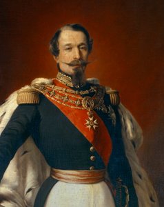 III. Napóleon (1808-1873), a franciák császárának portréja a Chateau de Saint Cloud látképe előtt. Franz Xaver Winterhalter (1806-1873) festményének részlete 1855 Dim. 2,4x1,5 m