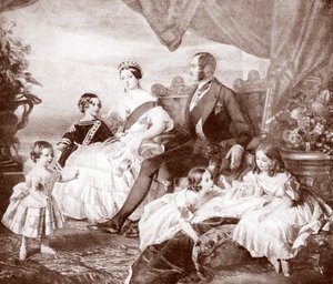 Viktória királynő Albert herceggel és gyermekeikkel, a "VII. Edward, élete és kora" című könyvből (nyomtatás).