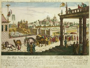 Namchas Place Lahore-ban, a Nagy Mogul arany trónját mutatja, Pakisztánban (akvatinta)