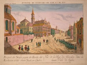 Vue de la Rue des Récollets de Quebec, az 1770-es évek körül (kézzel színezett metszet)