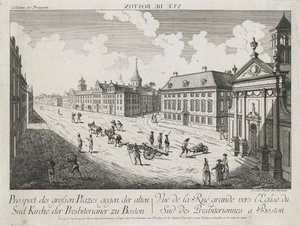Vue d’Optique/Prospect des grossen Plazes gegen der Alten Sud Kirche der Presbiterianer zu Boston (Optikai nézet/nézet a nagy terekről a bostoni Old South Presbyterian Church felé), c. 1776 (rézkarc és metszet, fektetett papírra színezetlen)