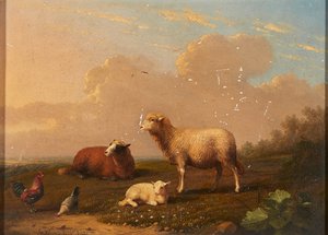 Birkák és csirkék a réten (olaj a panelen) alkotó: Franz van Severdonck