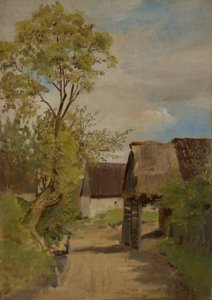 Aresing (?) falu utcája női alakkal alkotó: Franz von Lenbach
