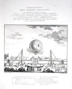 Az első emberes hőlégballon repülés Olaszországban, Paolo Andreani (1763-1823) 1784-ben, Girolamo Mantelli metszetében, 1785-ben jelent meg (metszet) (lásd még: 206819) alkotó: Fratelli Gerli (after)