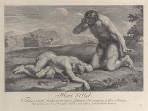 Ádám bánatában térdel Ábel teste mellett, míg Káin a háttérben menekül, kb. ..., kb. 1729. alkotó: Frédéric Horthemels