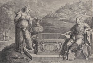 Krisztus, aki jobbra ül, és a szamáriai asszony, aki balra áll, kb. 1729. alkotó: Frédéric Horthemels