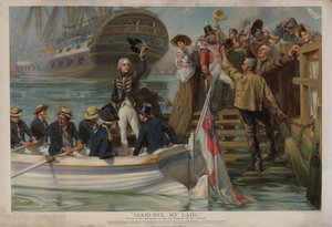 Nelson elhagyja Portsmouth-t, hogy Trafalgarba vitorlázzon a Victoryon (chromolitho)