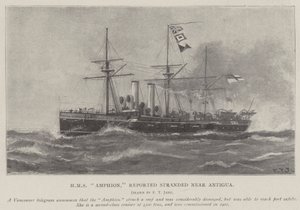 HMS Amphion, amely a jelentések szerint Antigua közelében megfeneklett. alkotó: Fred T. Jane
